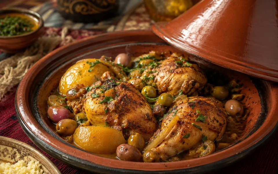Chicken tagine with preserved lemon and olives in Morocco.