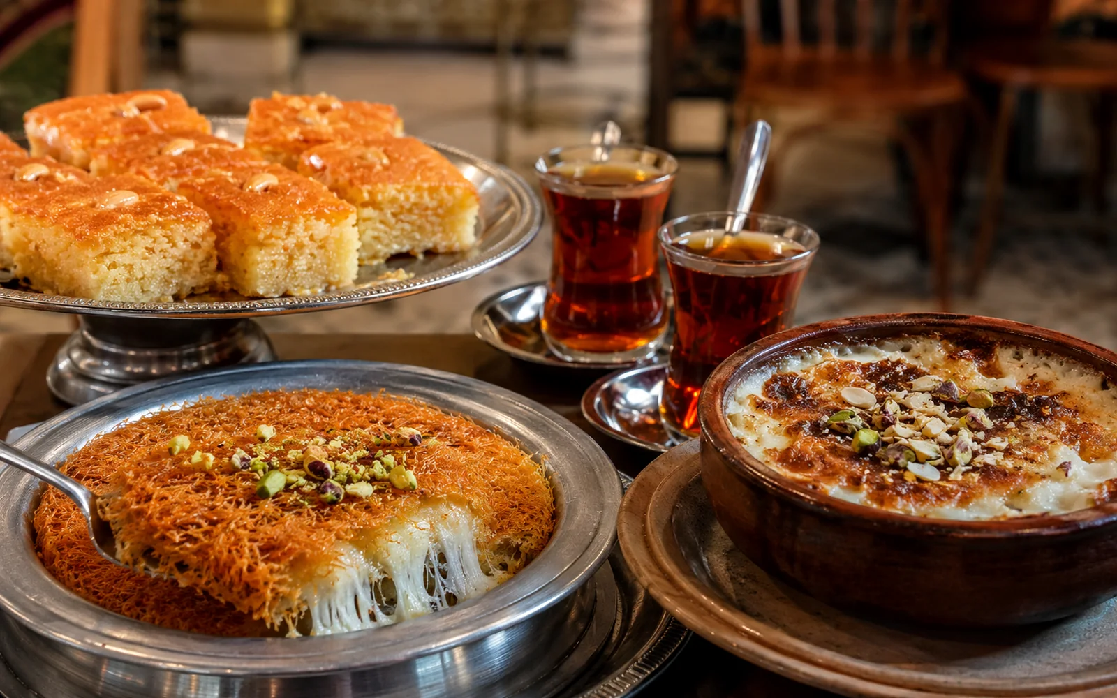 Egyptian Dessert Tasting Table: Kunafa, Basbousa, and Umm Ali — Egypt food travel guide